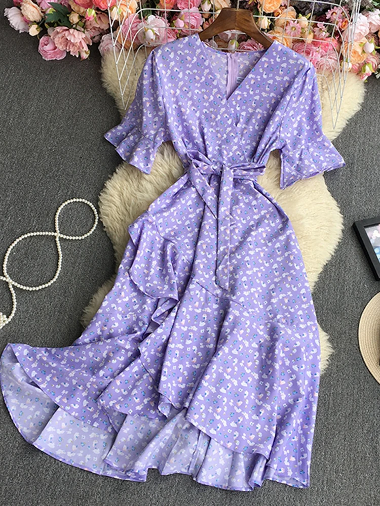 

HangCode Fashion Summer Floral Print Sash Bandage Asymmetrical Ruffled Women Dress