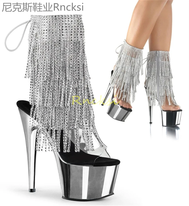 

17cm High-heeled boots hate the sky, women's shoes tassel thin heels sexy nightclub pole dancing low-tube shoes