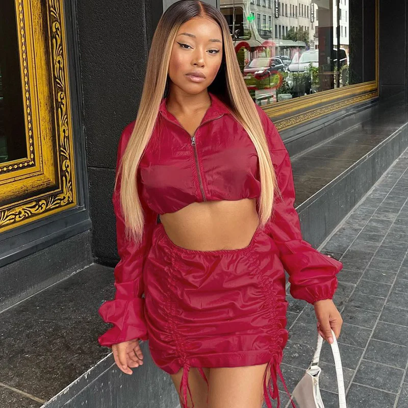 

Кроп-топ на молнии с отложным воротником и длинными рукавами, юбка-бандаж, осень 2022