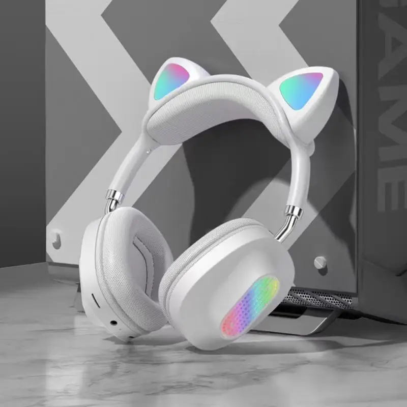 

STN06 Wireless Headphones Flash Light Cute Cat Ears Headset HiFi 7.1 Channel RGB Noise Reduction Stereo Headphones For Computer