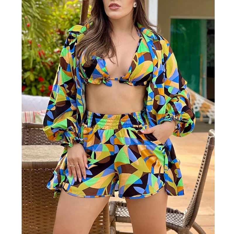 

Wepbel Color Printing 3-Piece Sets Outfits Geometric Print Lantern Sleeve Top & Shorts Set with Bralette Summer Beach Wear