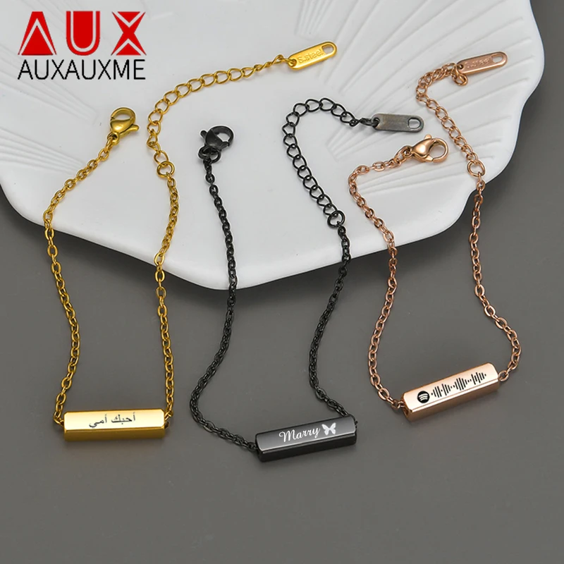 

Auxauxme Custom Engrave 1-4 Sides Name Bracelets for Women Men Stainless Steel Personalized Date Logol Pendant Bangle Jewelry
