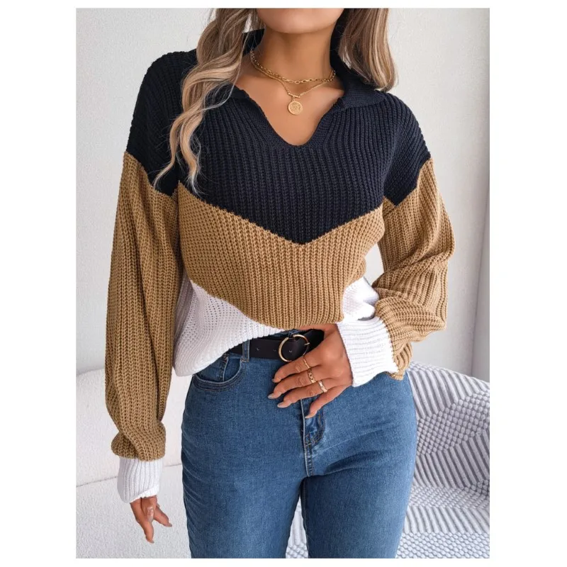 Осенне-зимний женский повседневный вязаный пуловер с контрастными лацканами и