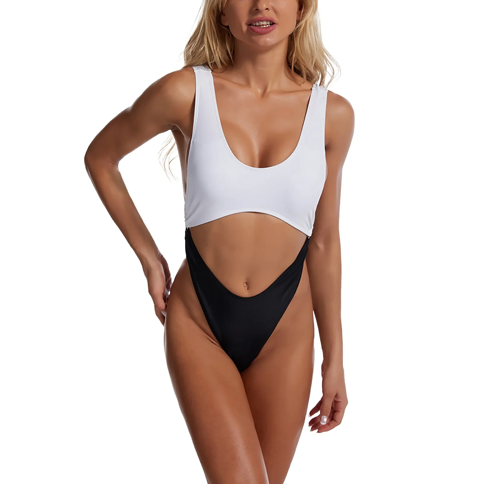 

Черный купальник, женские купальники с металлическими кольцами и цветными блоками, купальник с высокой талией, купальные костюмы, белые стр...