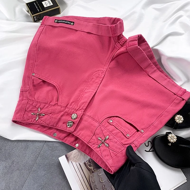 2023 Summer New Design Sense Large Size Denim Shorts Women's Rose Red High Waist Slim Straight Leg Pants Fashion