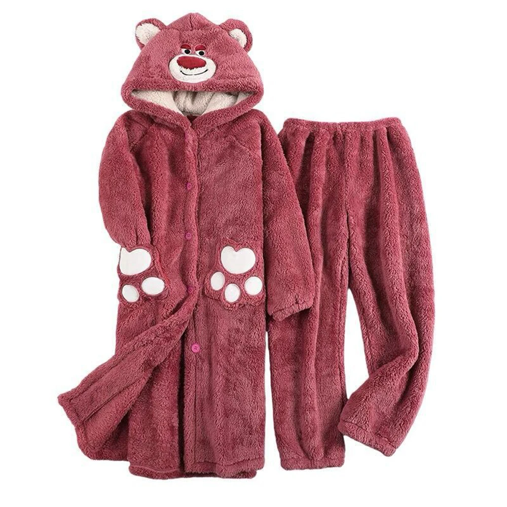 

Winter Robes Long Sleeve Flannel Nightgown Suit Warm Cute Bear Hooded Nightdress Soft Thicken Animal Pajamas Sets Loose Pijama