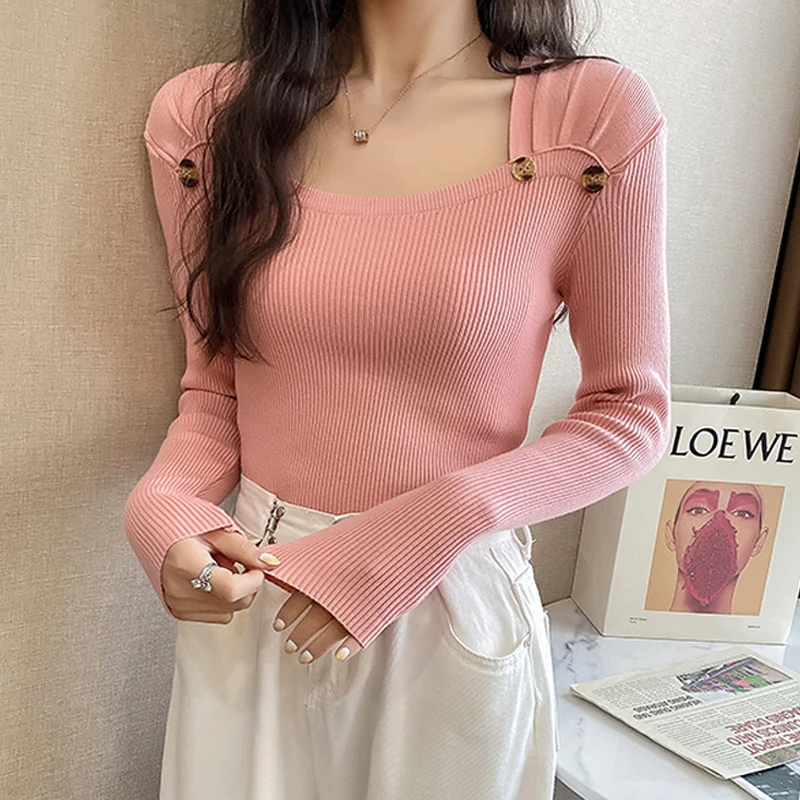 

Spring Casual Long Sleeve Women Pullovers Sweater autumn square collar buttons Knitted Sweaters Korean Style Slim pink Knitwear
