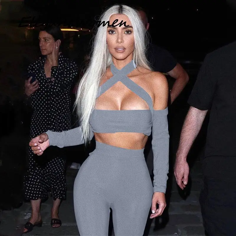 

Сексуальный укороченный топ с лямкой на шее и леггинсы, брюки, уличная одежда, комплект из 2 предметов, летний бандажный женский наряд для ве...