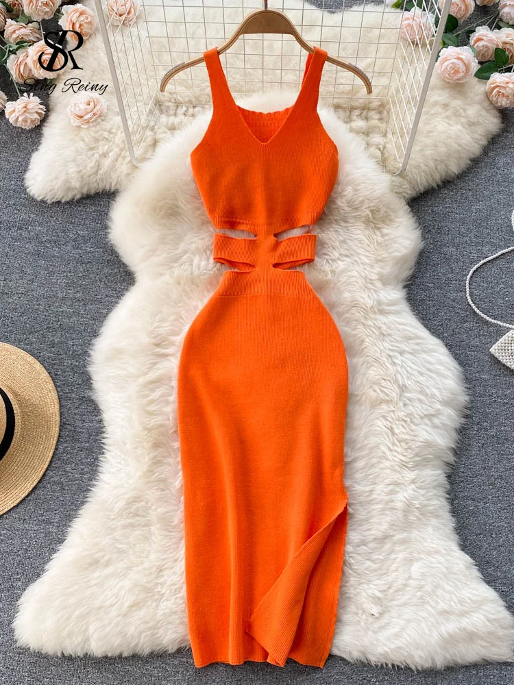 SINGREINY летнее вязаное сексуальное платье на бретелях для женщин открытая
