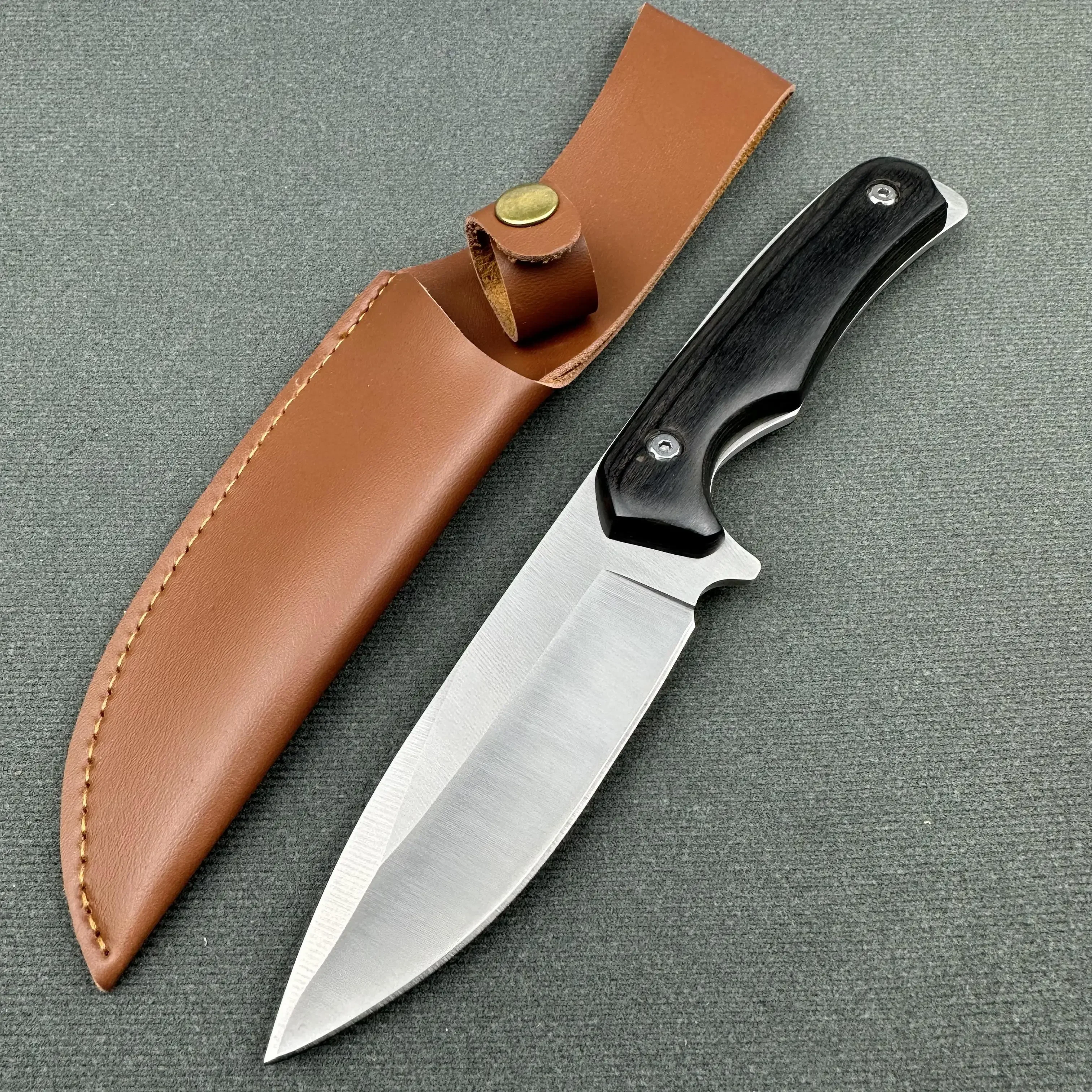 

Handmade Fixed Blade Outdoor Knife Full Tang Ebony Handle 7CR17MOV Steel Good Quality Leather Sheath EDC Camping Hiking Fishing