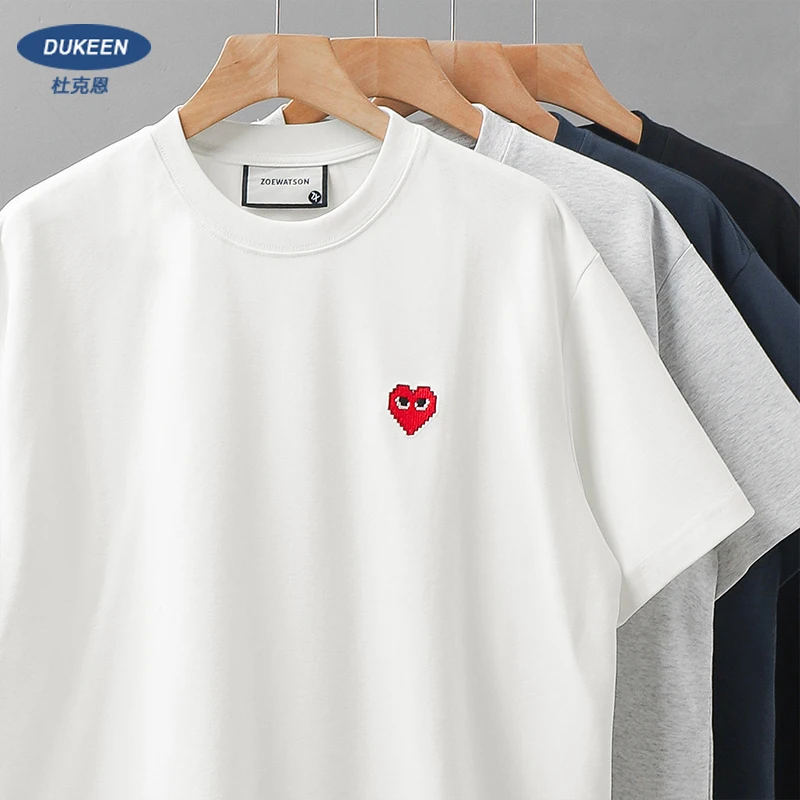 

Dukeen 300g Heavyweight Mens T Shirt Summer Heart Embroidery Plus Size Tops Round Neck Casual Short Sleeve Couples
