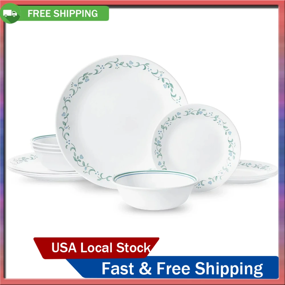 

White and Green Round 12-Piece Dinnerware Set Dinner Set Plates and Dishes