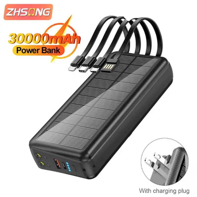 30000mAh Solar Power Bank Built in Cable Plug 22.5W Fast Charger Powerbank for iPhone 13 Samsung Xiaomi Poverbank with LED Light