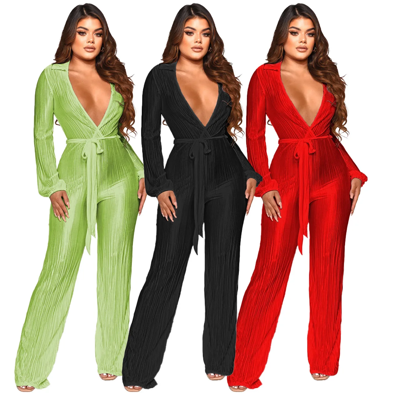 

Женский Длинный комбинезон с поясом, пикантный плиссированный комбинезон из ткани с глубоким V-образным вырезом, длинными рукавами и отложн...