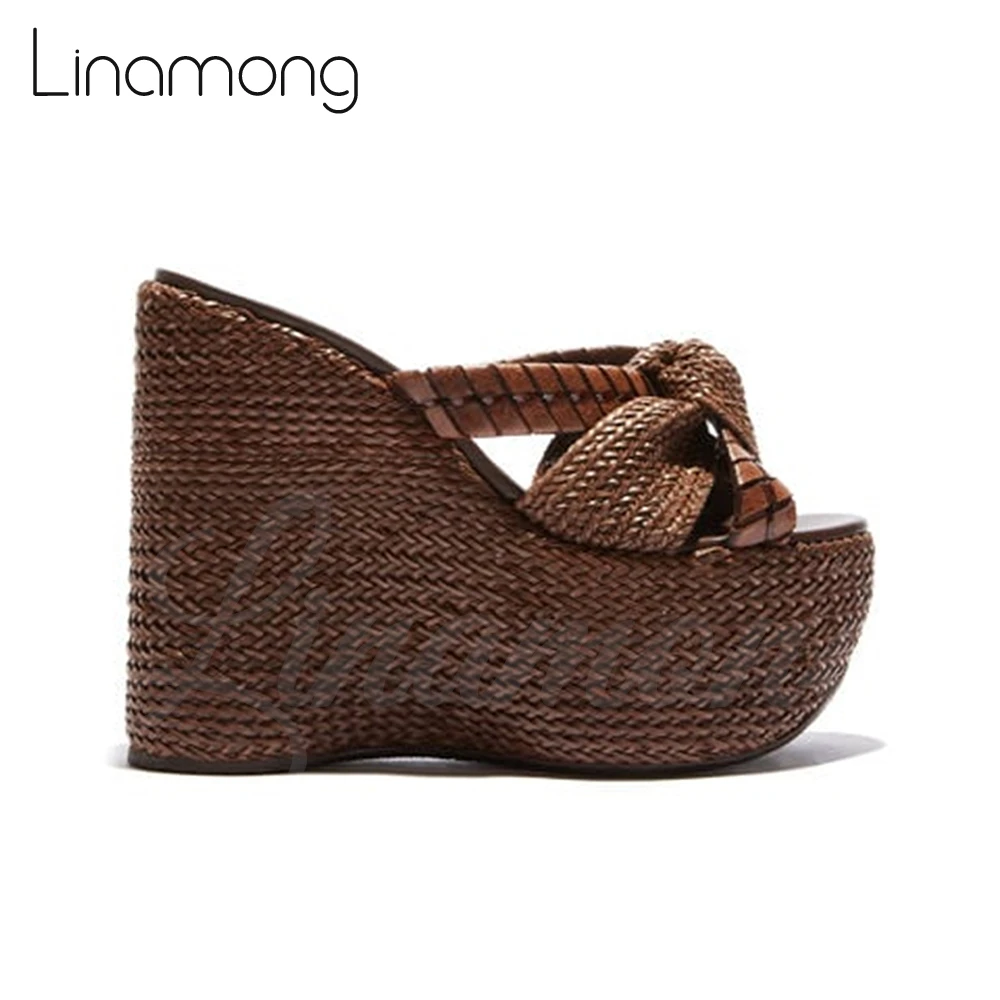 Wedge Slippers Braided Leather Summer Sandals Brown Espadrilles Super High Heel Mules for Women Gold Rhinestone Luxury Slippers