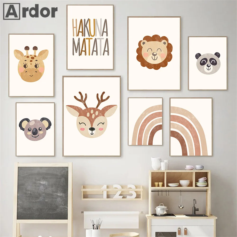 

HAKUNA MATATA Rainbow Wall Art Poster Lion Bear Deer Canvas Painting Nursery Print Posters Nordic Wall Pictures Kids Room Decor