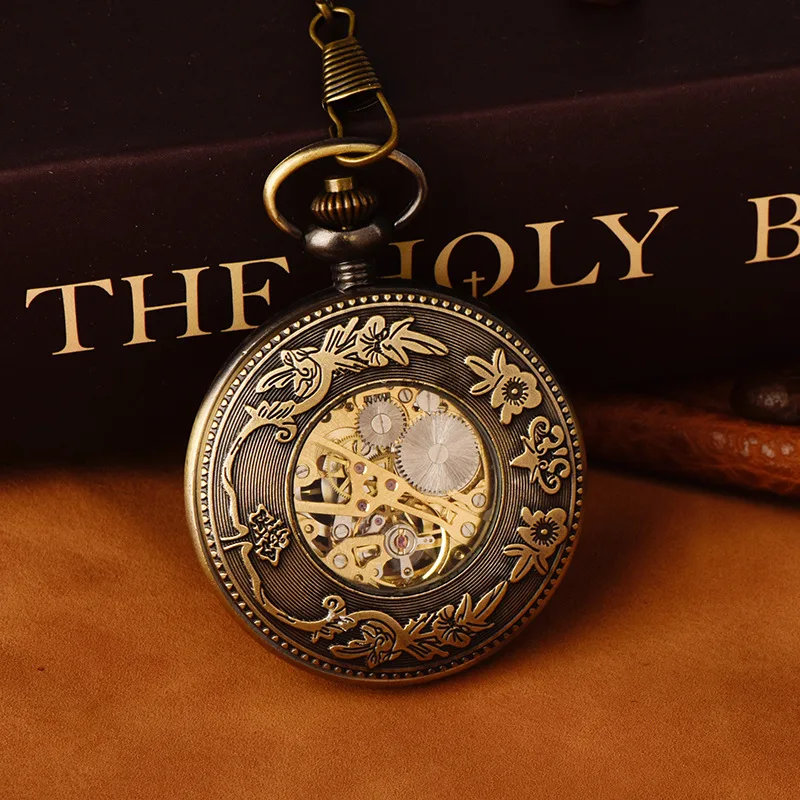 Luxury Dragon Mechanical Pocket Watch for Men Women Hollow Skeleton Case Roman Numeral Dial Fob Chain Pendant Clock Collection