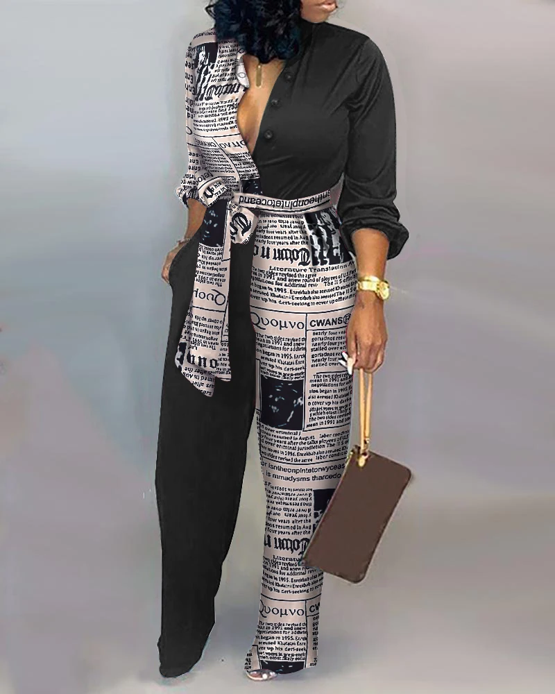 Office Lady Fall One Piece High Waist Spring Elegant Long Sleeve Fashion Newspaper Print Jumpsuits Wide Leg Pants Overall Women