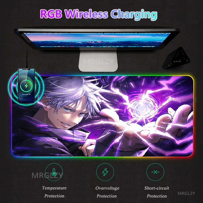 

Jujutsu Kaisen RGB LED Mouse Pad Charger Mat Gojo Satoru Game Accessories Backlit Gaming Wireless Charging Play Mats Carpet Rug