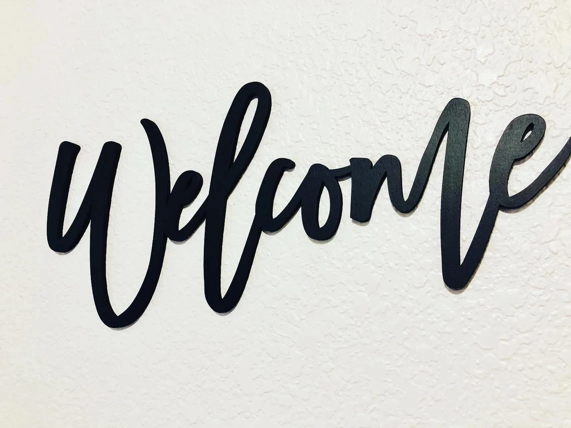 

welcome wood word,3D Wood Sign,welcome Laser Cut letters,Feature Wall Art Cursive Words,Wood word cut out,Laser Cut text