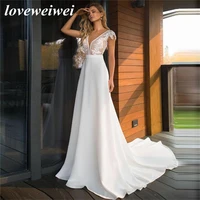 boho deep v neck satin wedding dress 2022 elegant lace appliques a line cap sleeves floor length backless bridal gown plus size