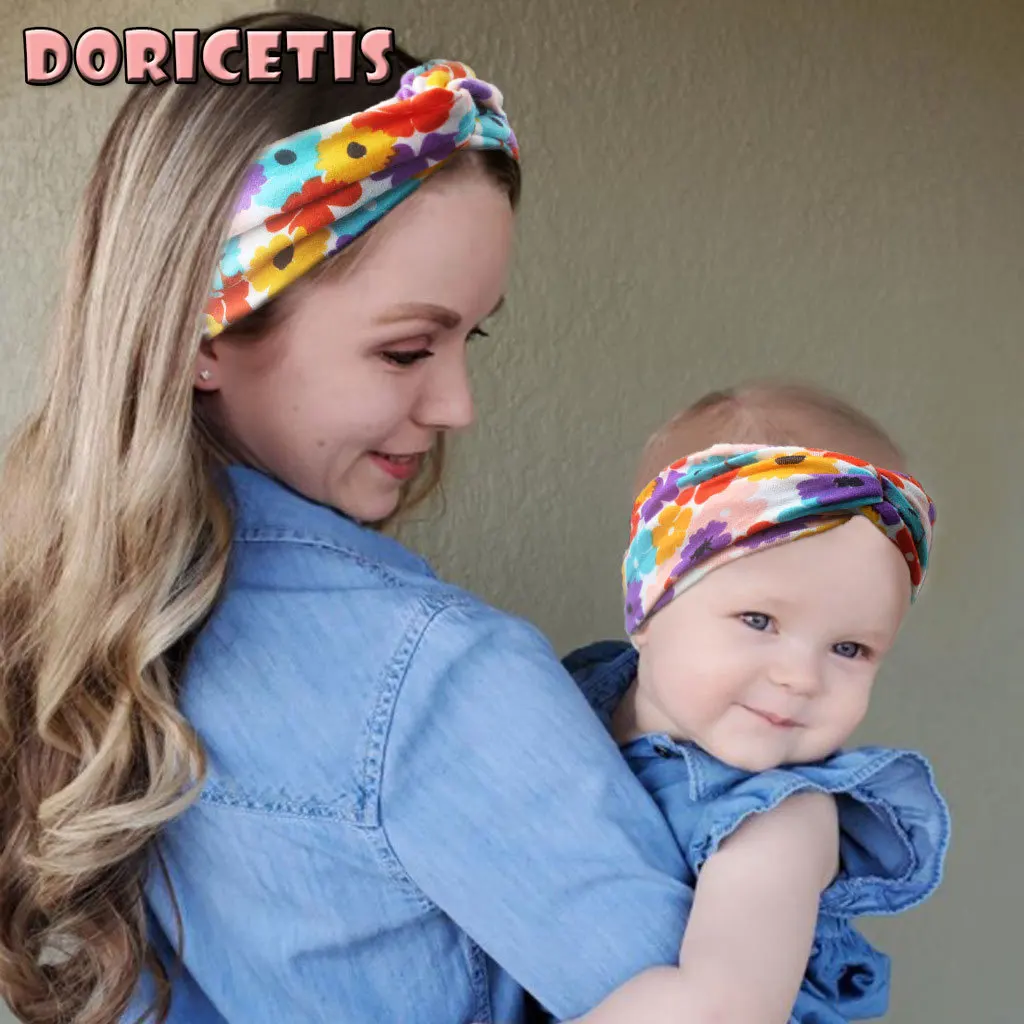 

Parent Child Hairband Mommy And Baby Simple Style Floral Print Cross Hairband 2 Piece Set Mom Daughter Accessories New Hot Sale