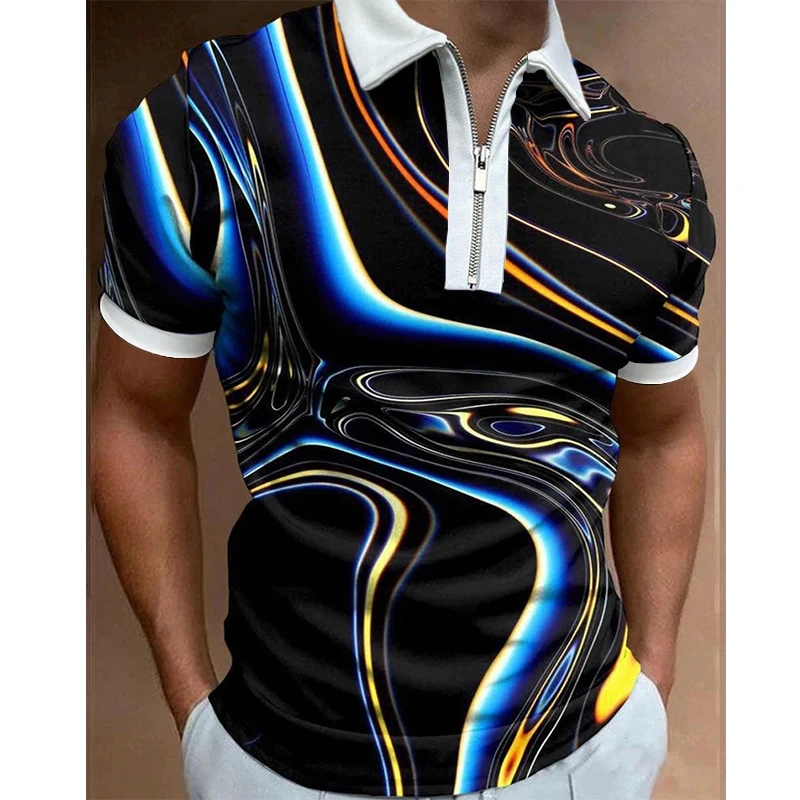 

Luxury Men's Clothes Polo Shirts Casual Turn-Down Collar Zipper Travel Stripe Print Short Sleeve Tee Shirt Men Polos Tops Summer