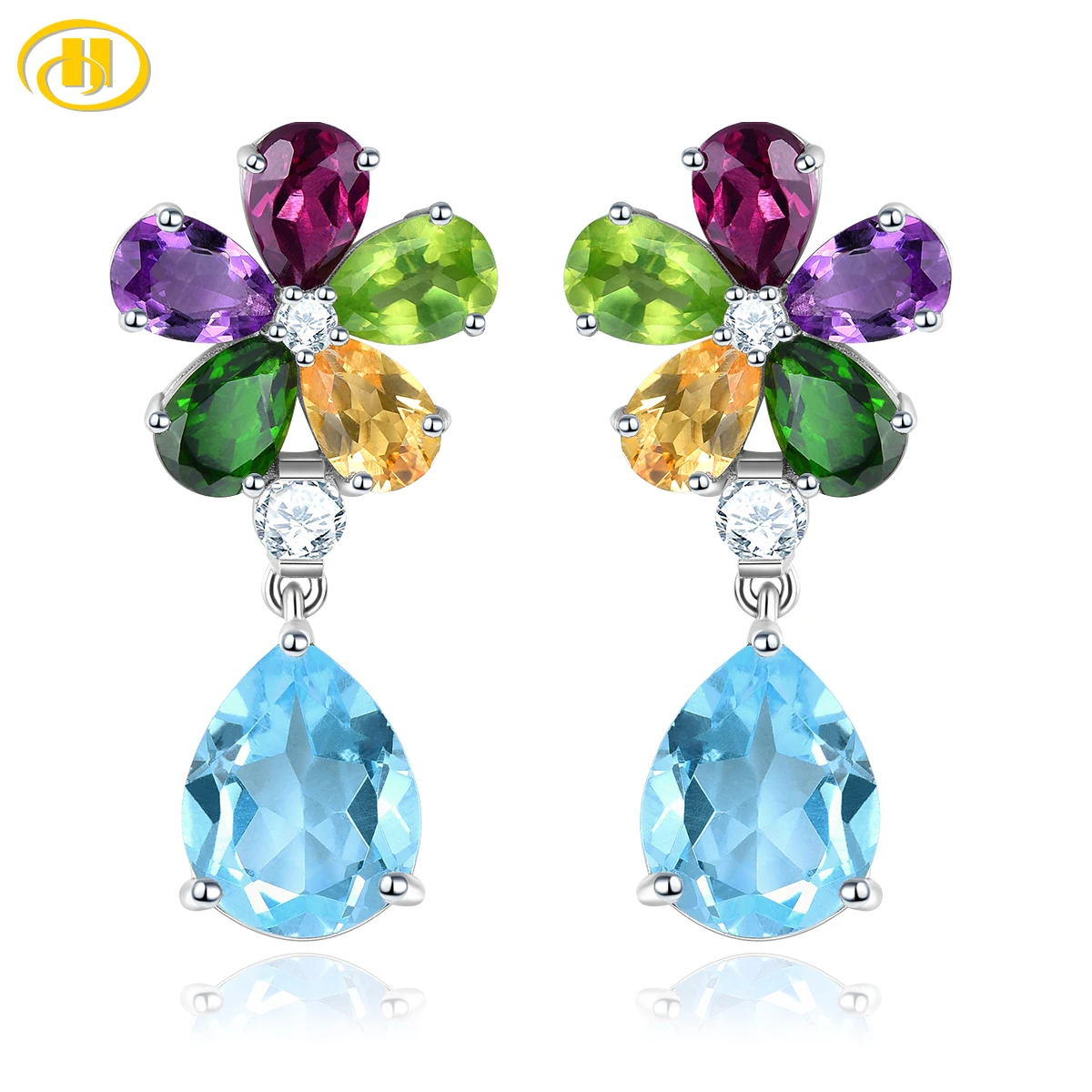 Женские серьги из серебра с натуральным голубым топазом и аметистом 11 карат