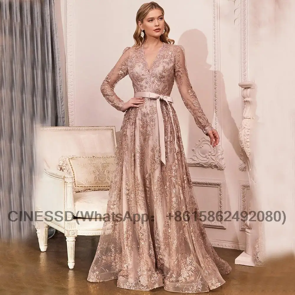 

Rose Gold Mother of the Bride Dresses Bow Belt V-Neck Illusion Long Sleeve A-Line and Floor Length Banquet Mom Gowns