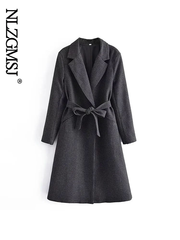 

TRAF 2023 Woman Casual Overcoats Autumn Winter Thick Mid Length Trench Coat Female Belted Wool Blends Solid Long Plaid Jacket