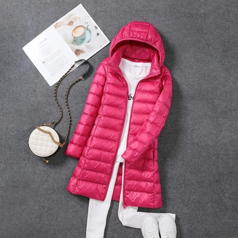 Women Down Jacket 2023 New Ultralight Thin Packable Down Long Jacket  Female Hat Detachable Slim Fit Skirt Coat Portable Outwear