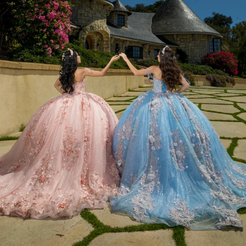 Небесно-голубое блестящее платье Quinceanera с открытыми плечами Vestidos De 15 Anos кружевное