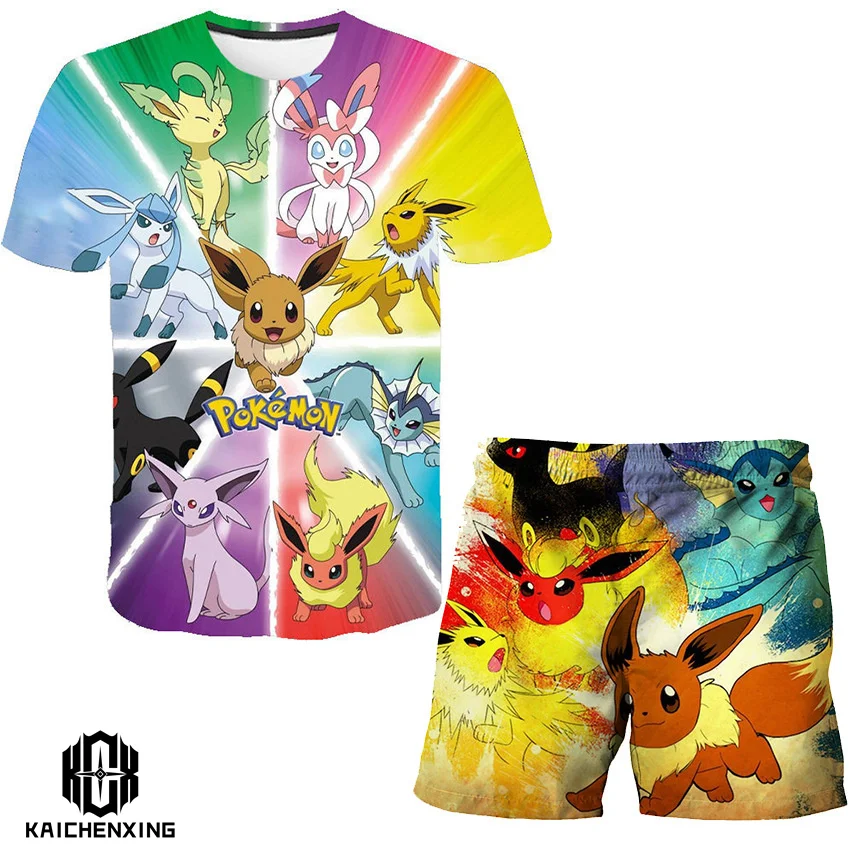 

Летний детский уличный костюм из 2 предметов, футболка с круглым вырезом и коротким рукавом и забавная аниме футболка с покемоном