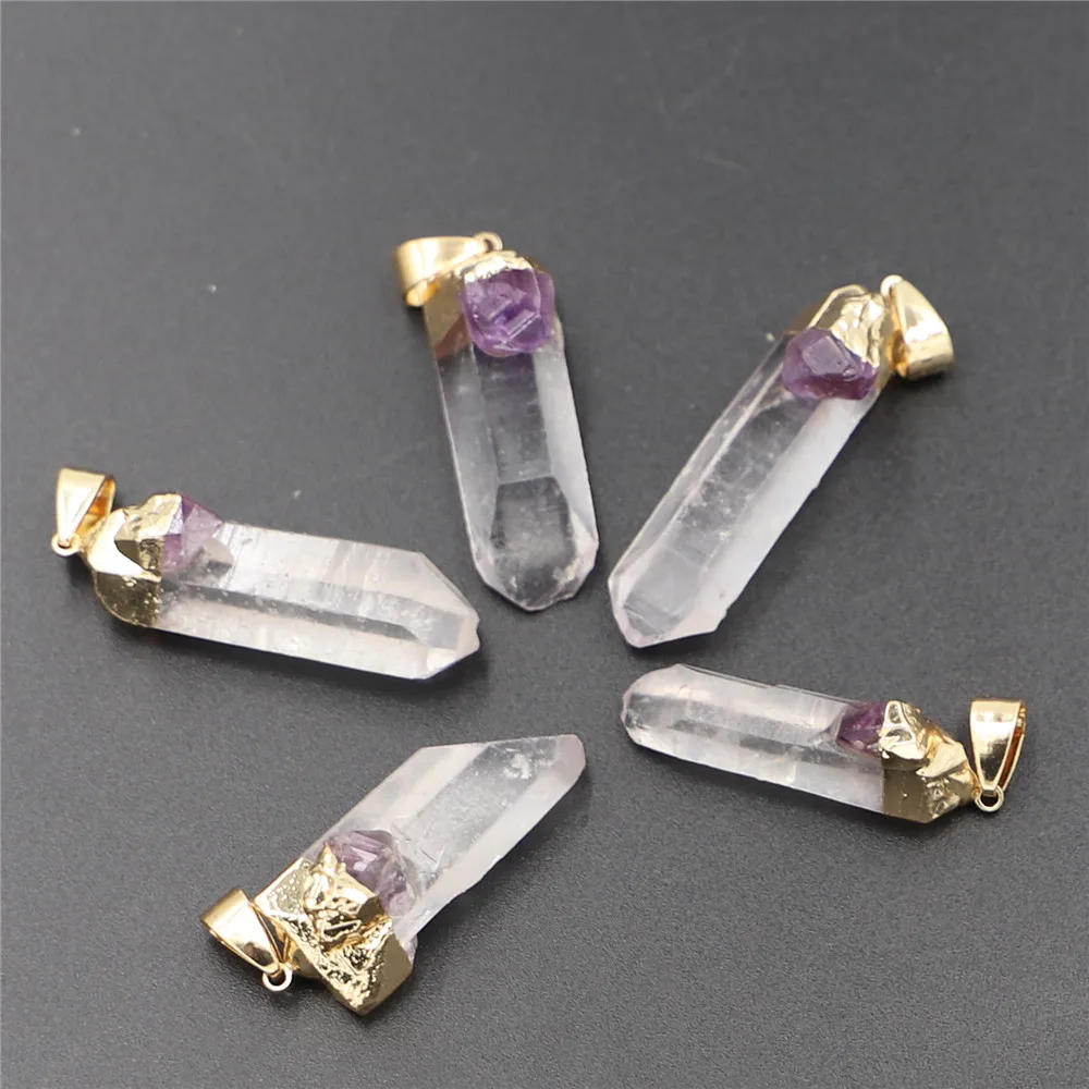 Wholesale Natural Gems Chakra Stones Clear Crystal Pillar Amethysts Column Reiki Pendants Nickles  for Women Jewelry Making 5PCS