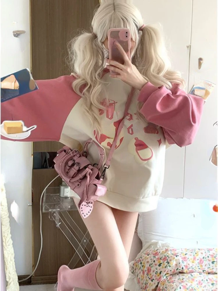 

Новинка 2023, милые розовые толстовки, женские японские толстовки большого размера в стиле Харадзюку, женские свободные повседневные корейские Топы с длинным рукавом Y2K