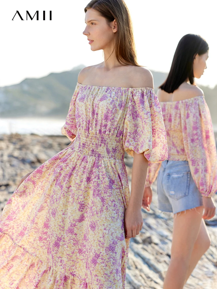 AMII Minimalism Holiday Style Dress 2023 Summer New  Square Collar Slash Neck Puff Sleeves Chic A-line Floral Vestidos 12352024