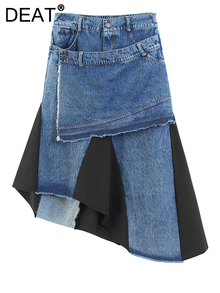 

DEAT Fashion Women's Skirt High Waist Asymmetric Spliced Contrasting Colors A-line Denim Skirts Summer 2023 New Tide 1DF4161