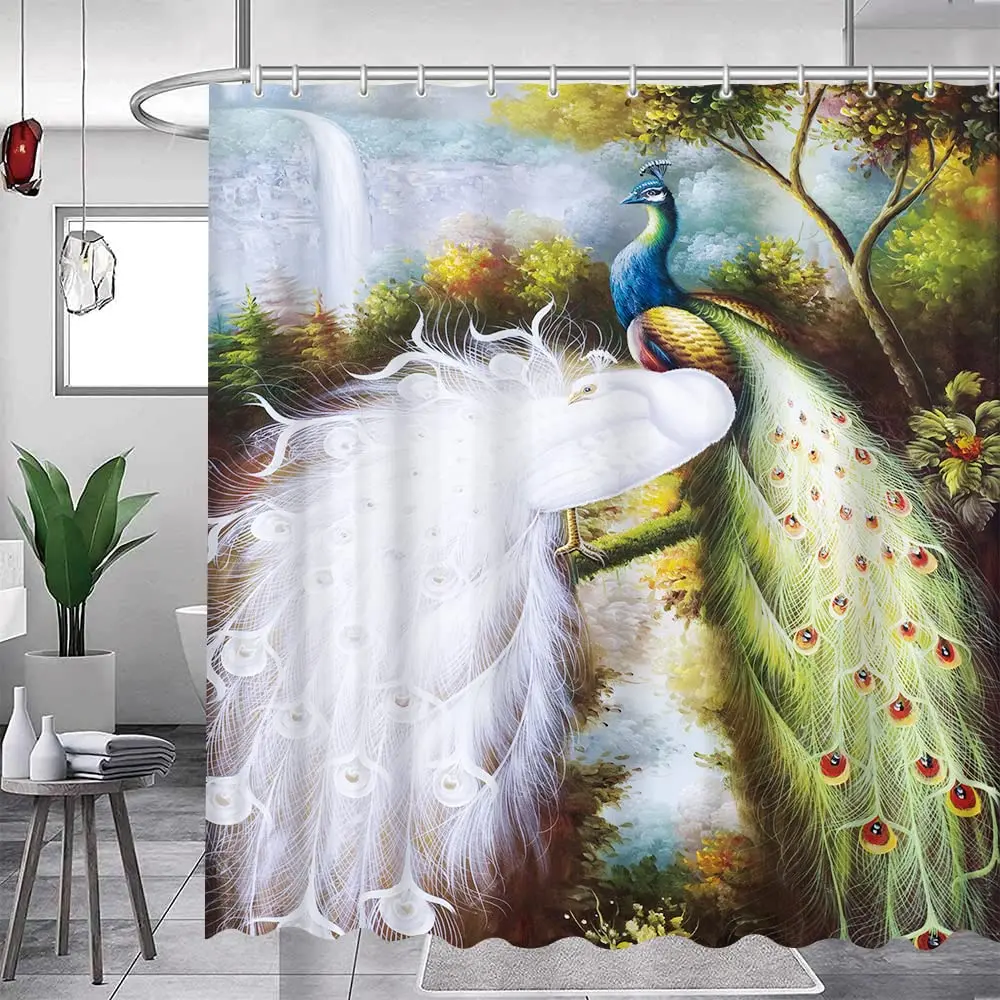 

Peacock Shower Curtain Classical Beautiful Painting Feather Waterfall Elegant Animal Natural Landscape Bathroom Curtain