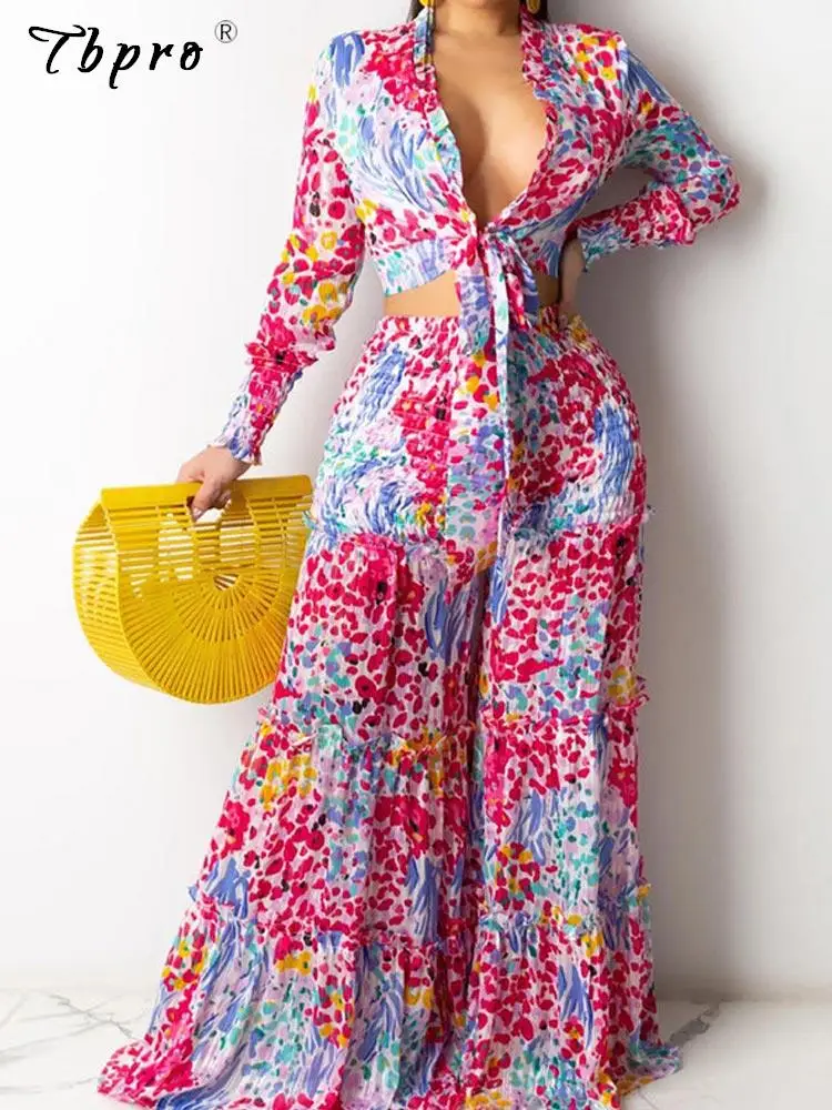 

Women Printed Wide Leg Pants 2 Piece Set Sexy Long Sleeve Lace Up Cropped Blouses Trousers Suit Female Casual Ruffle Outfits