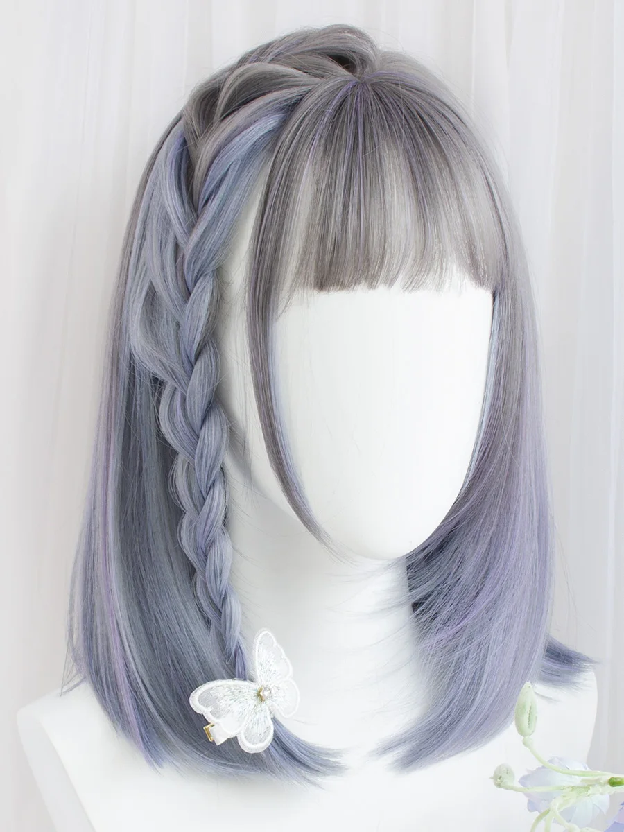 

Дымчато-серая градиентная синяя прядь волос короткие волосы для девушек цвет волос Косплей Лолита полный головной убор парик