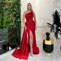 weilinsha red evening dress mermaid with high slit one shoulder beading satin sweep train long prom gown lady pageant dresses