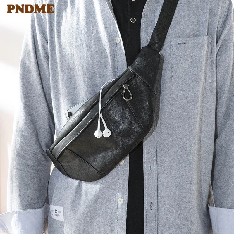Fashion daily genuine leather men black small chest bag casual luxury natural real cowhide outdoor sports shoulder crossbody bag