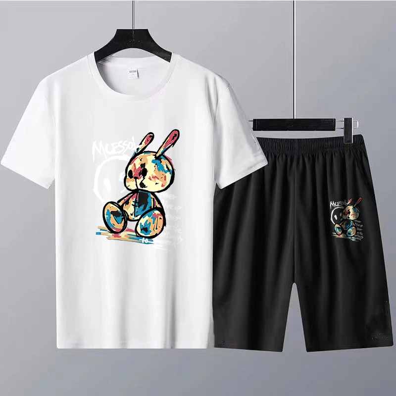 Summer Fashion Tracksuit Casual High Quality Clothes Cotton T Shirt Shorts Sets Cartoon Rabbit Printed Blouse Woman Man Outfits