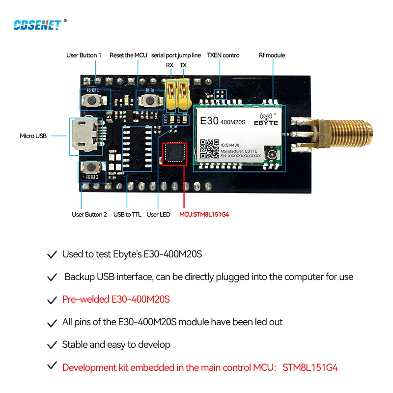 CDSENET USB to TTLTest Board Development Evaluation kit  TXEN control With Rubber Anttenna E30-400MBL-01