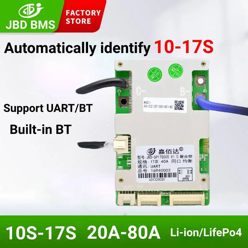 JBD 10S 12S 13S 14S 16S 17S Smart BMS 20A 40A 50A 60A 80A для LifePo4 36 В 48 В литиевый аккумулятор Bms Защитная плата Встроенный BT