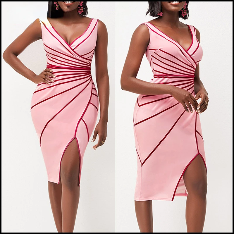 

Women Clothing 2022 New Summer Evening Party Sexy V-Neck Striped Printing Sleeveless Slit Lacing Elegant Pink Slim Midi Dresses