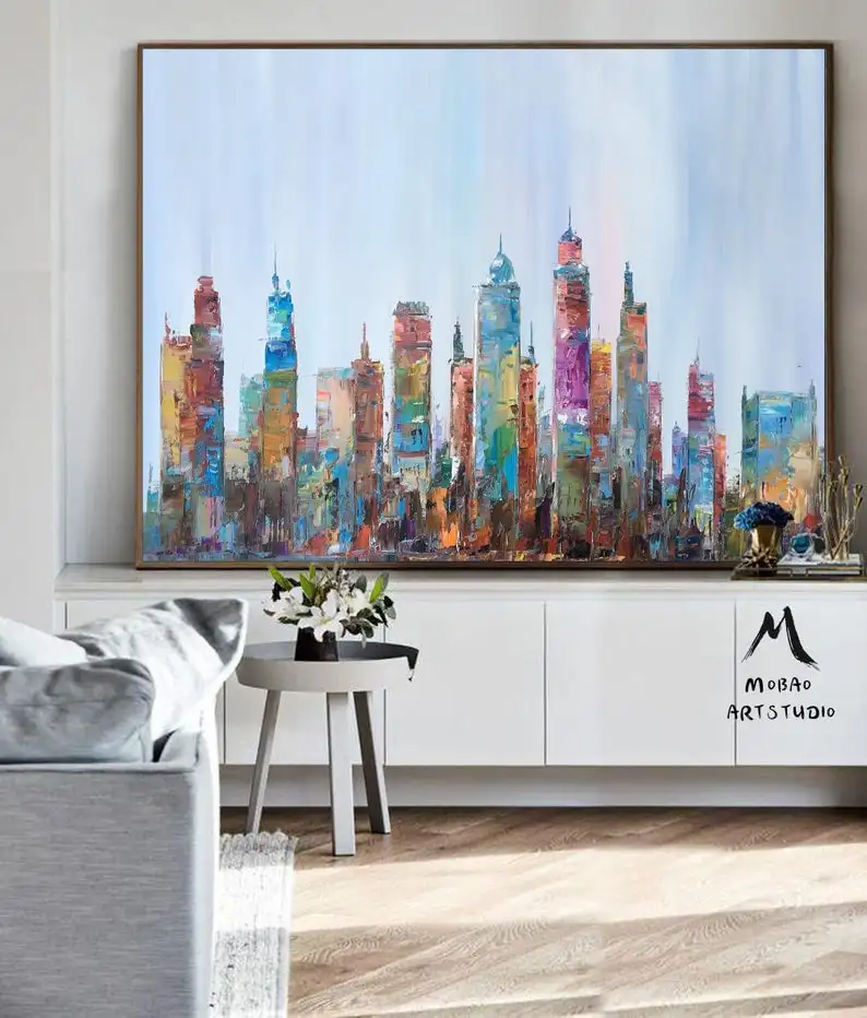 

Large City Abstract Painting,Original Urban Art Painting,Kansas City Skyline Landscape Painting Abstract Art,Original City Oil