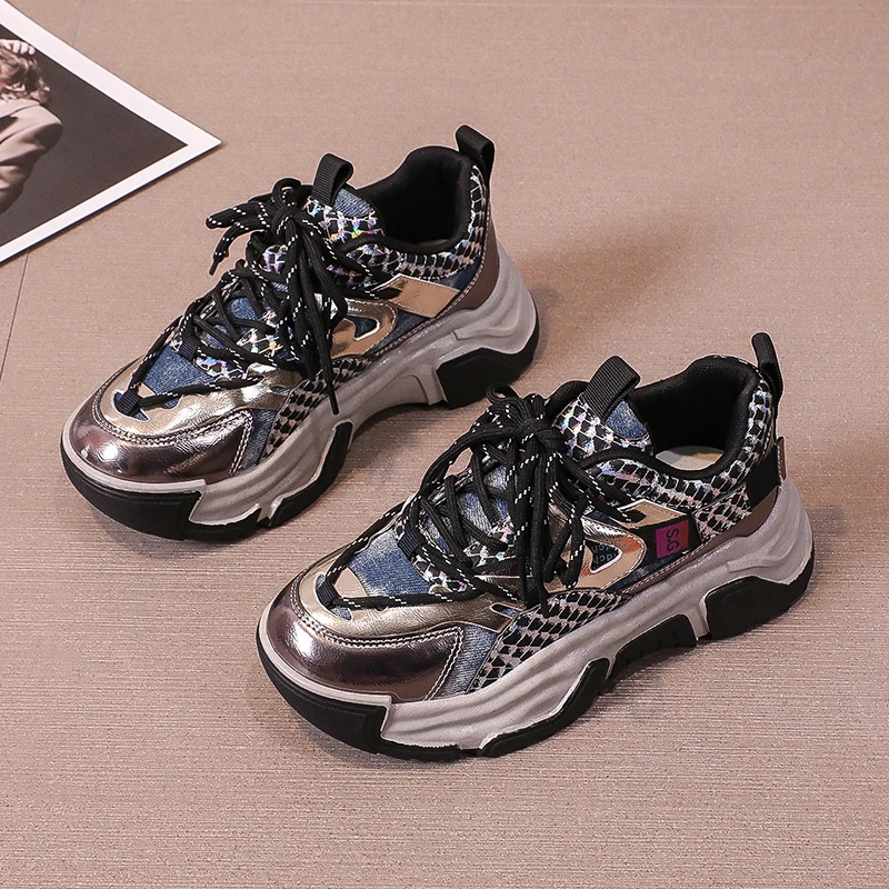 

BKQU Women Fashion Color Matching Daddy Shoes Ins2022 Autumn New Solid Color Comfortable All-match Non-slip Sports Casual Shoes