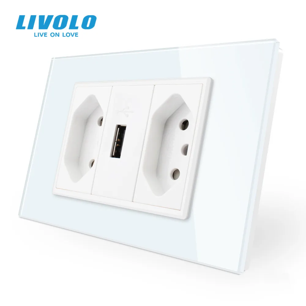 Евророзетка Livolo по бразильскому стандарту, 3 контакта, 10 А, 20 А, с USB-разъемом, 127-220 В, 60 Гц, стеклянная панель для разъема type N, провода заземления, розетка