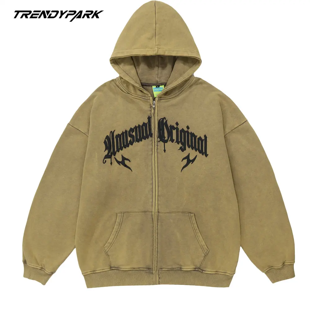 Men's Hoodies with Zipper Letters Print Front Pocket Casual Streetwear Hooded Sweatshirts Washed Harajuku 2022 Oversized Hoodie